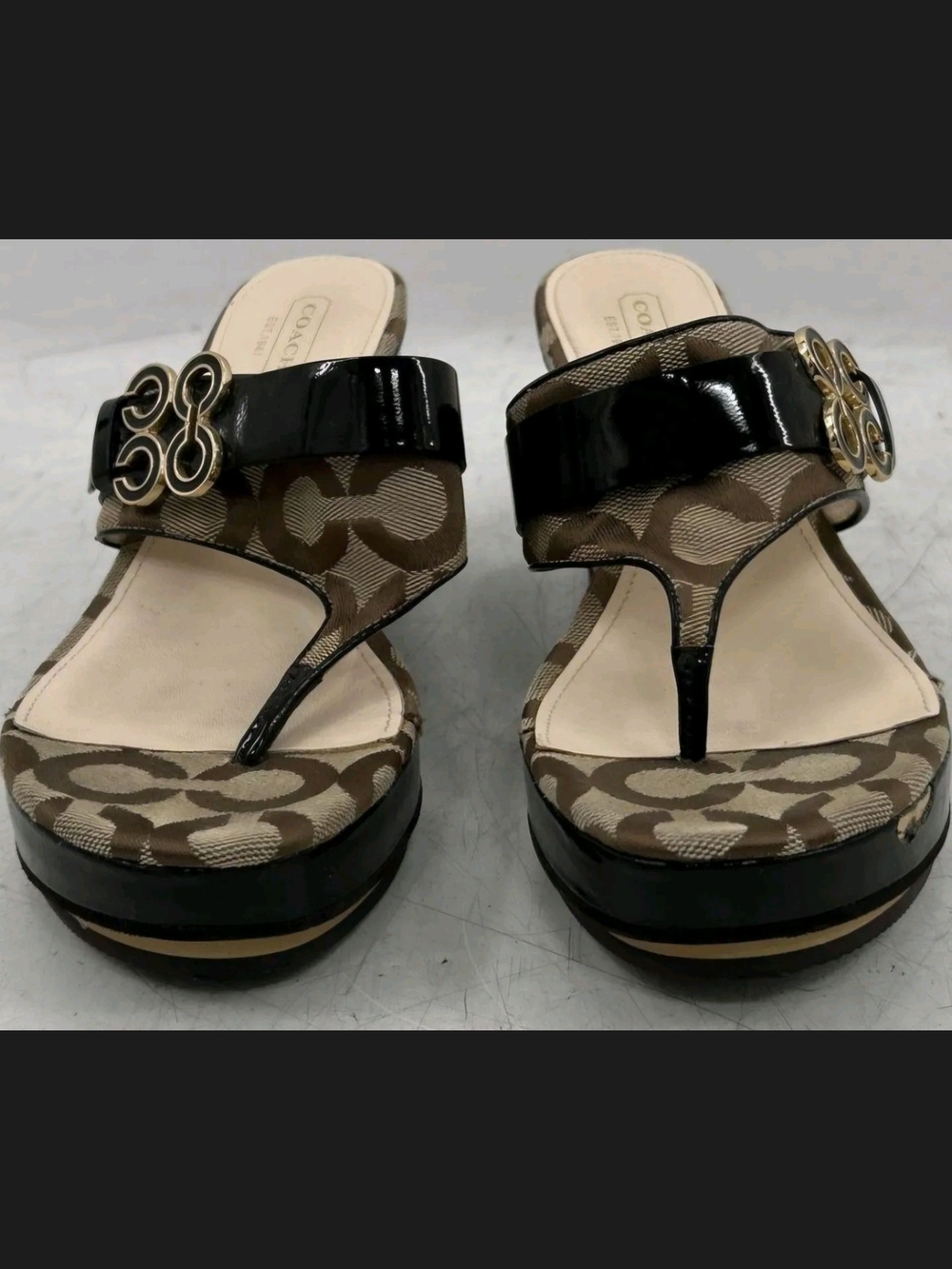 Coach Brown Signature Monogram Platform Thong Sandals with Black Patent Accent